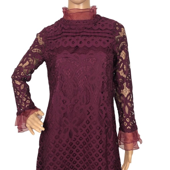 Lulus Ruffle Lace Overlay Shift Mini Dress Size S Burgundy Red Formal Romantic - Picture 3 of 8